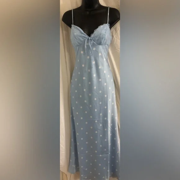 Jessica Simpson blue white polka dot lace cups satin effect maxi dress size M - Picture 15 of 17
